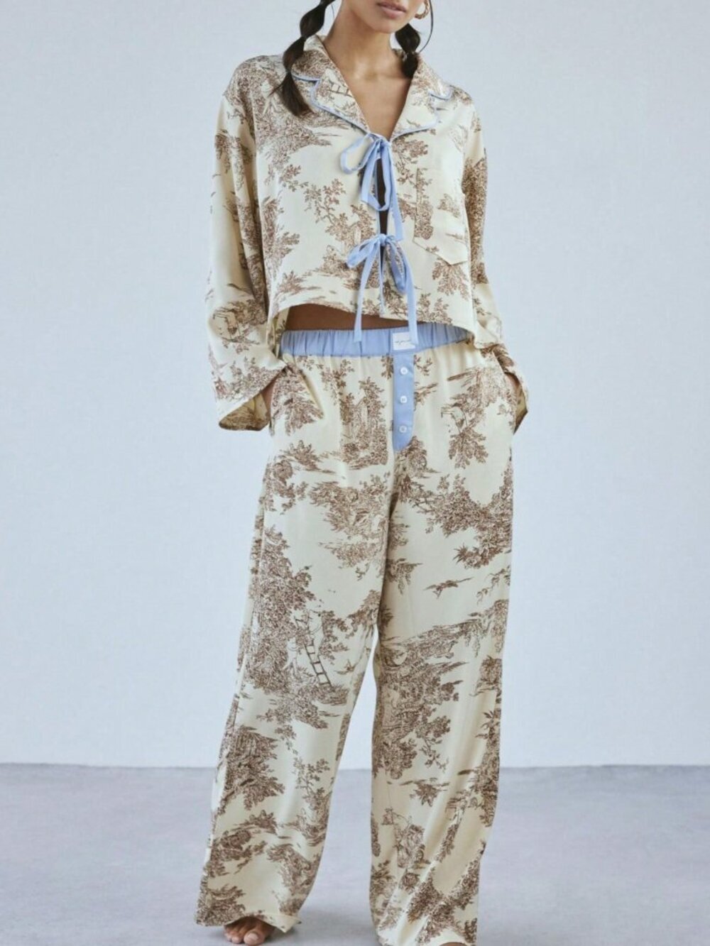 Khaki Elegant Women's Toile Print Pajama Set With Ribbon Tie And Wide Leg Pants